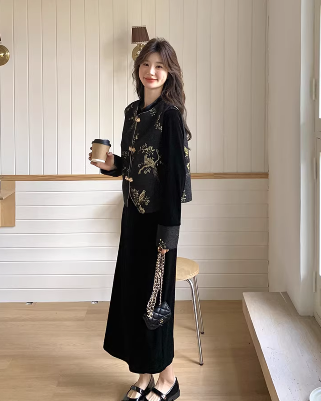 Velvet Long Dress / Oriental Embroidered Vest QAZ0064