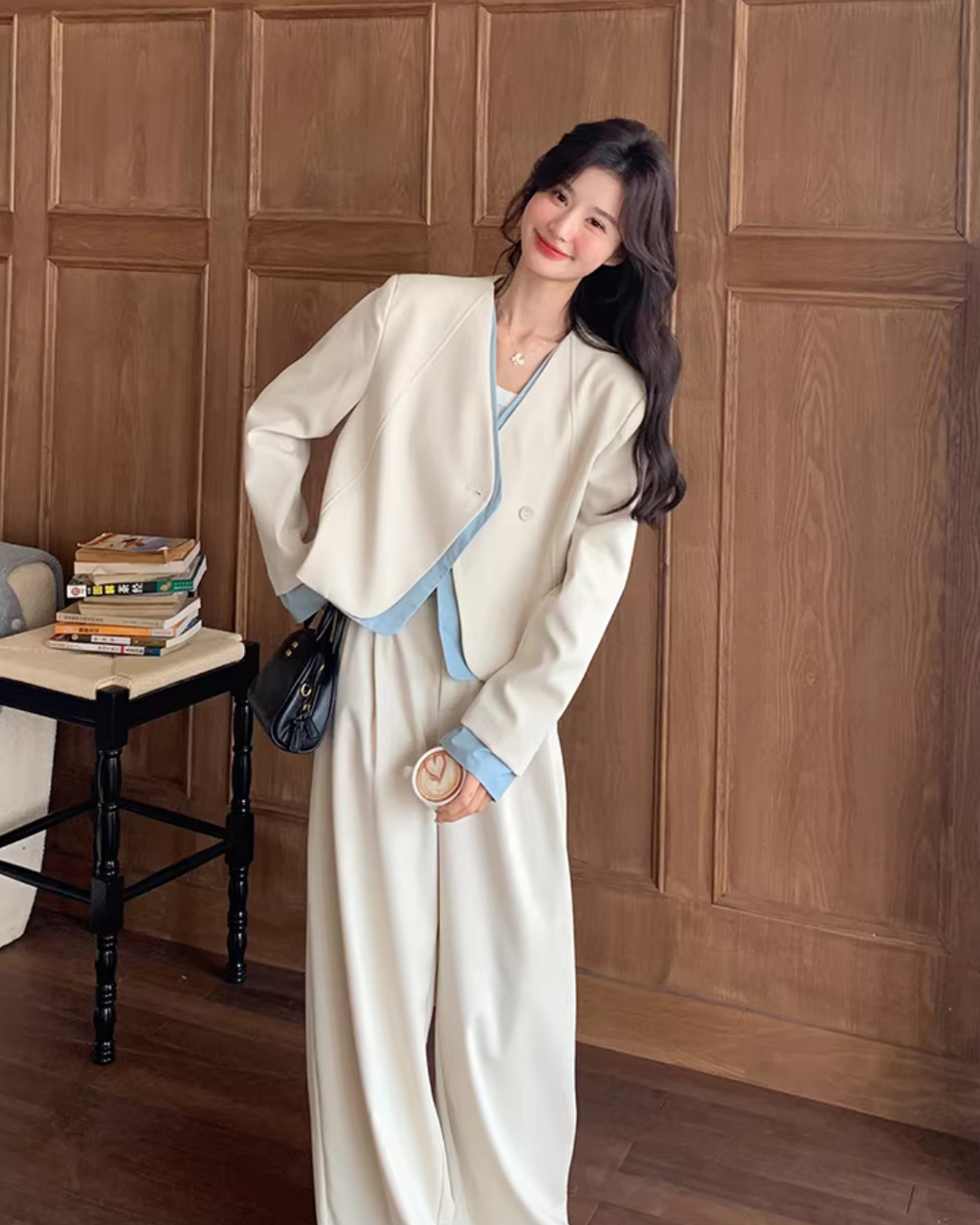 Beige Layered-Style Jacket / Wide-Leg Pants QAZ0010