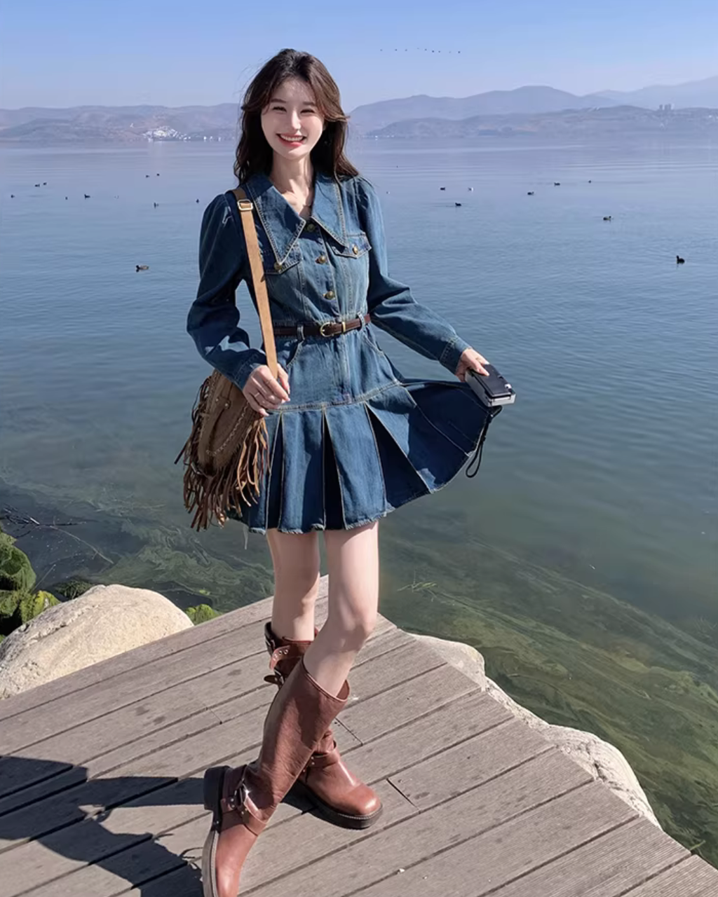 Big Collar Pleated Denim Dress QAZ0026