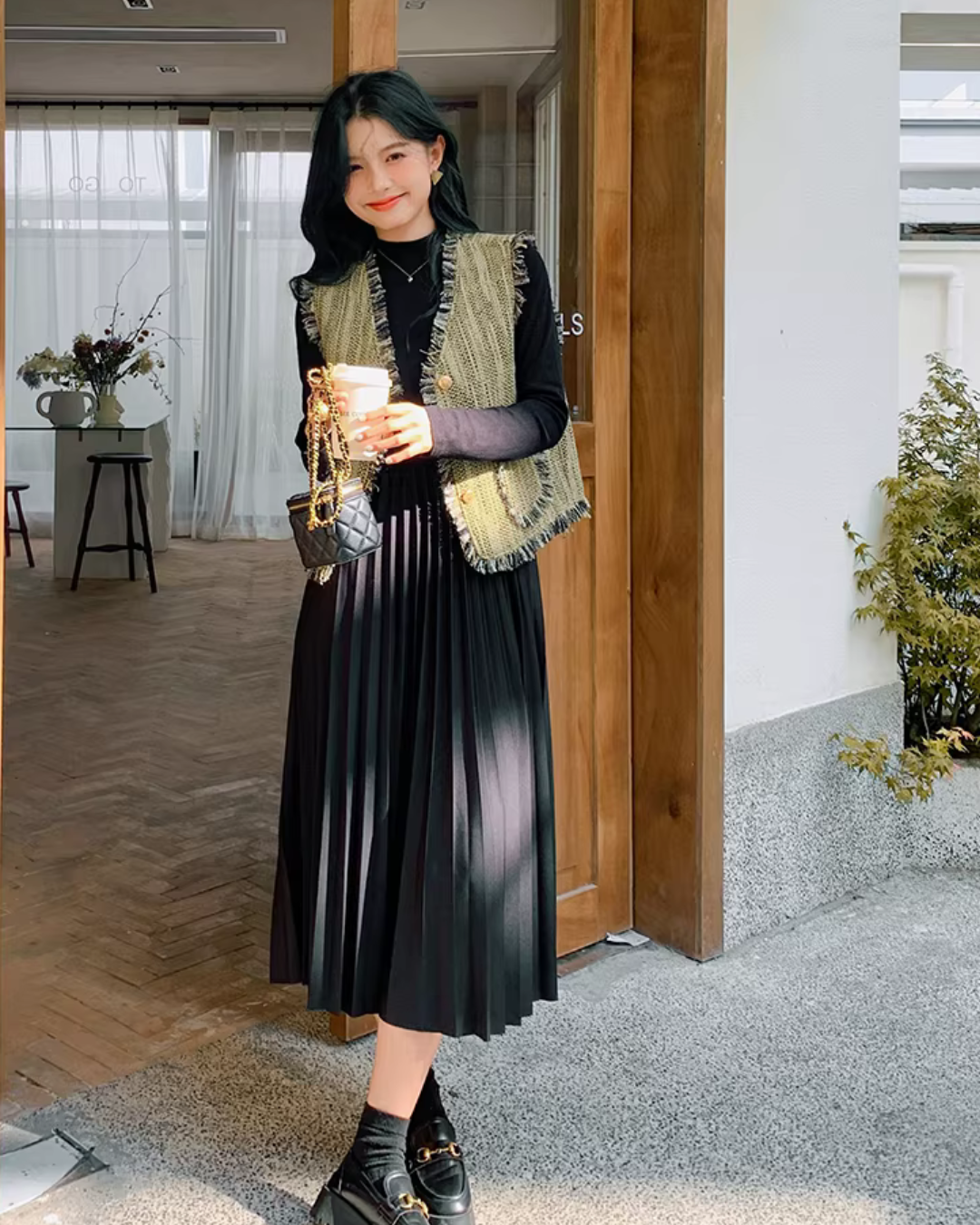 Mock Neck Dress / Tweed Gilet Tweed Vest QAZ0007