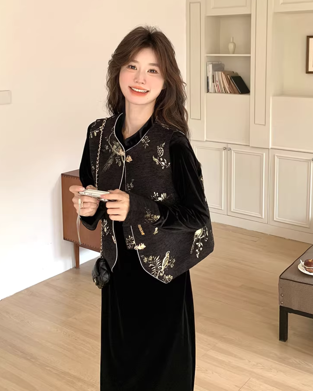 Velvet Long Dress / Oriental Embroidered Vest QAZ0064