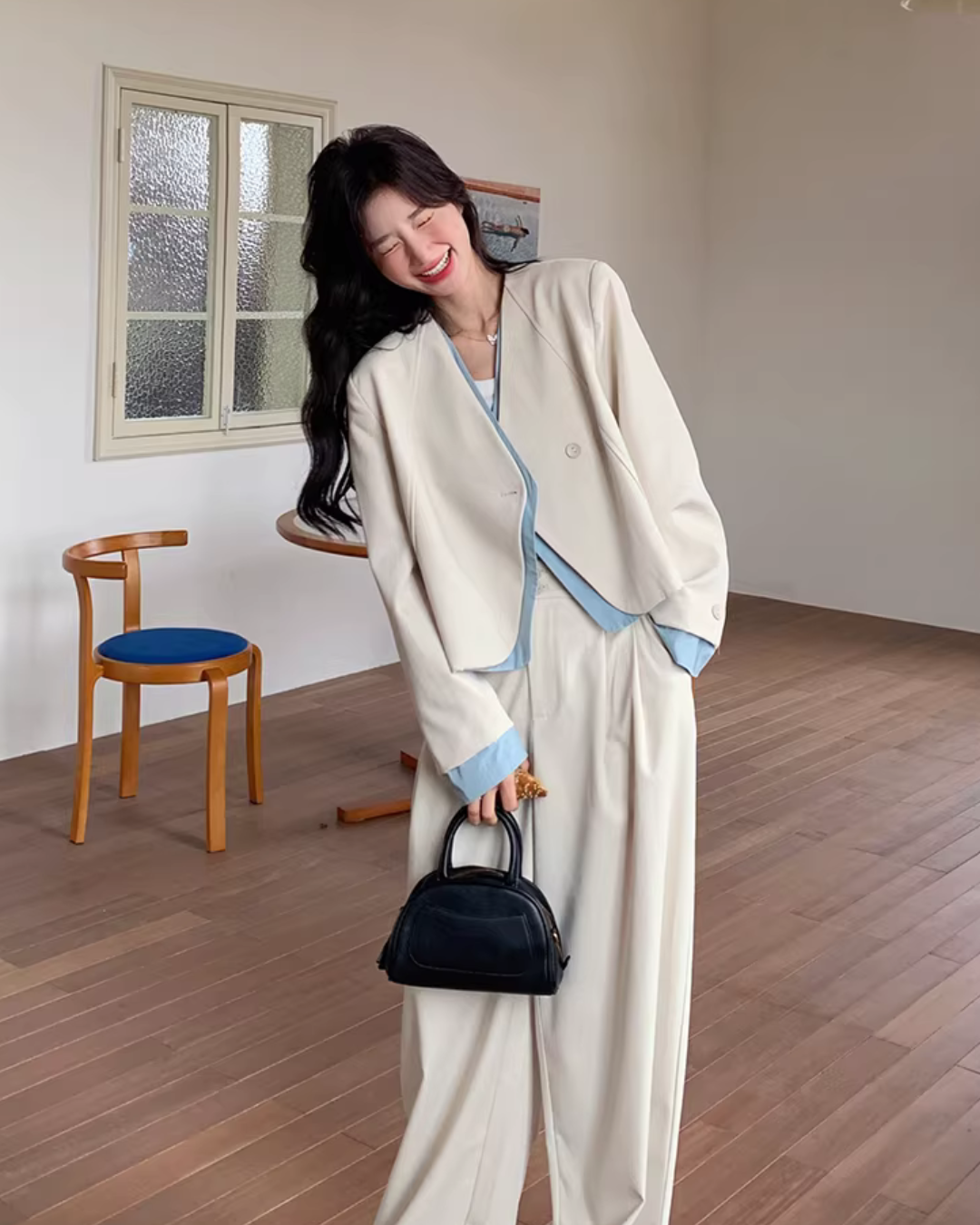 Beige Layered-Style Jacket / Wide-Leg Pants QAZ0010