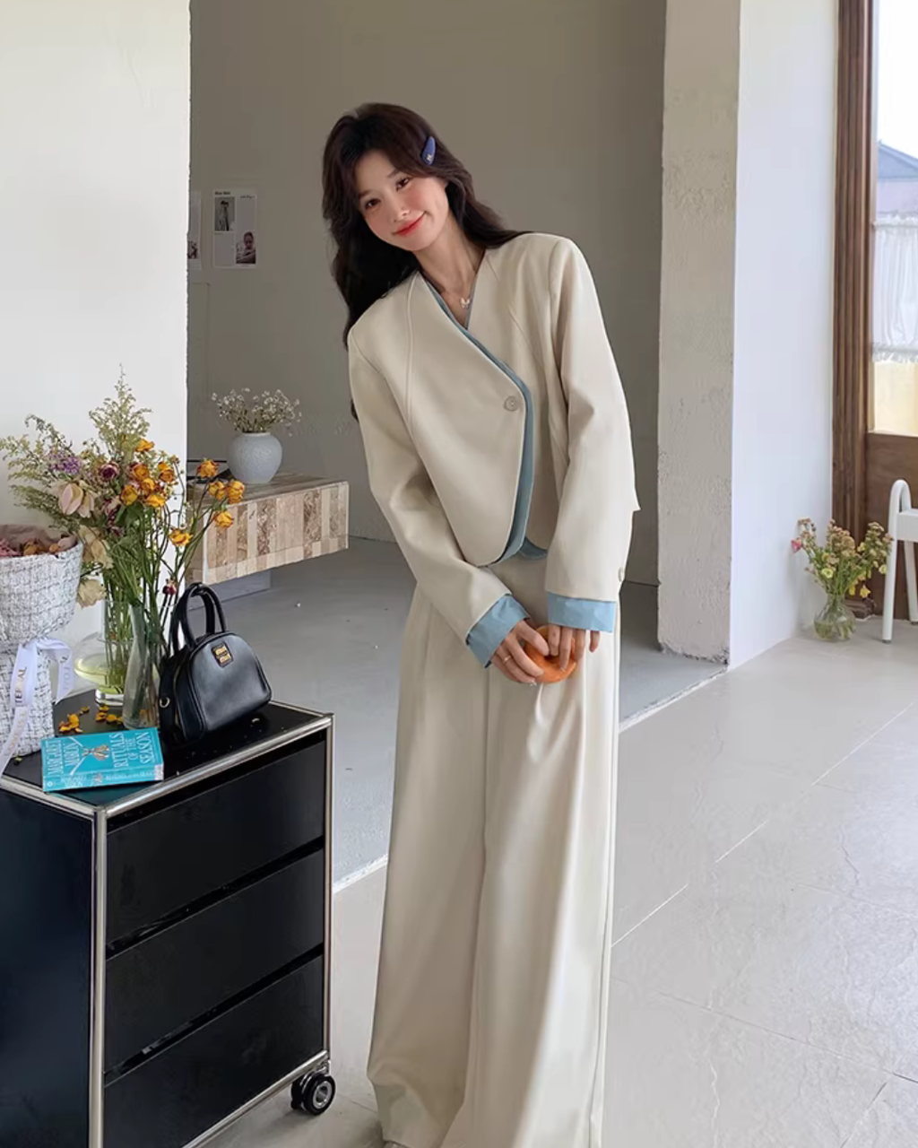 Beige Layered-Style Jacket / Wide-Leg Pants QAZ0010