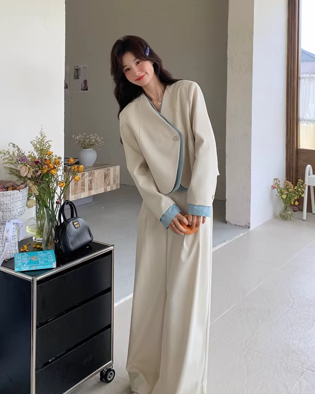Beige Layered-Style Jacket / Wide-Leg Pants QAZ0010