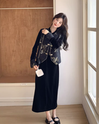 Velvet Long Dress / Oriental Embroidered Vest QAZ0064