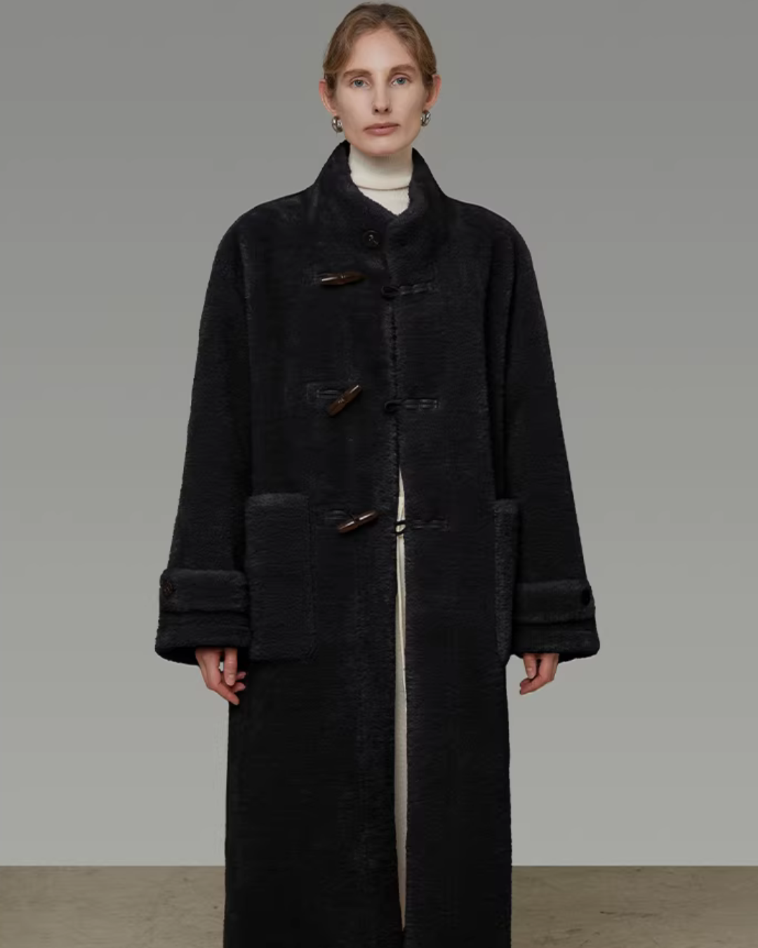 Stand Collar Toggle Fur Coat UNS0002