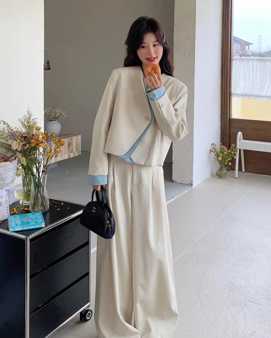 Beige Layered-Style Jacket / Wide-Leg Pants QAZ0010