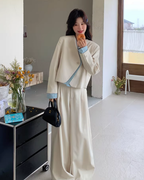 Beige Layered-Style Jacket / Wide-Leg Pants QAZ0010