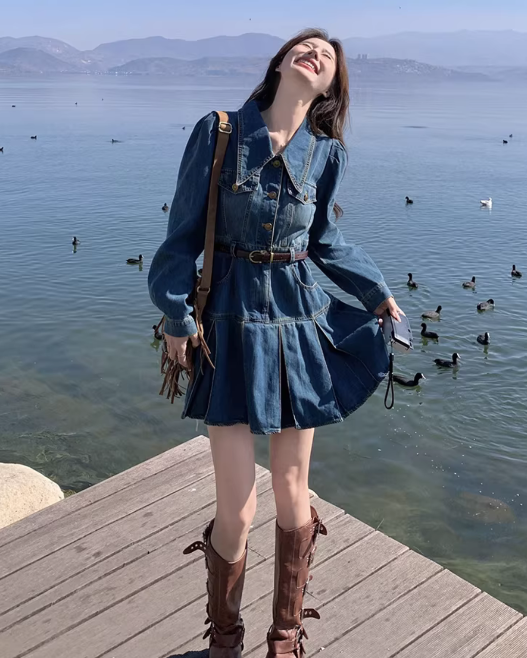 Big Collar Pleated Denim Dress QAZ0026