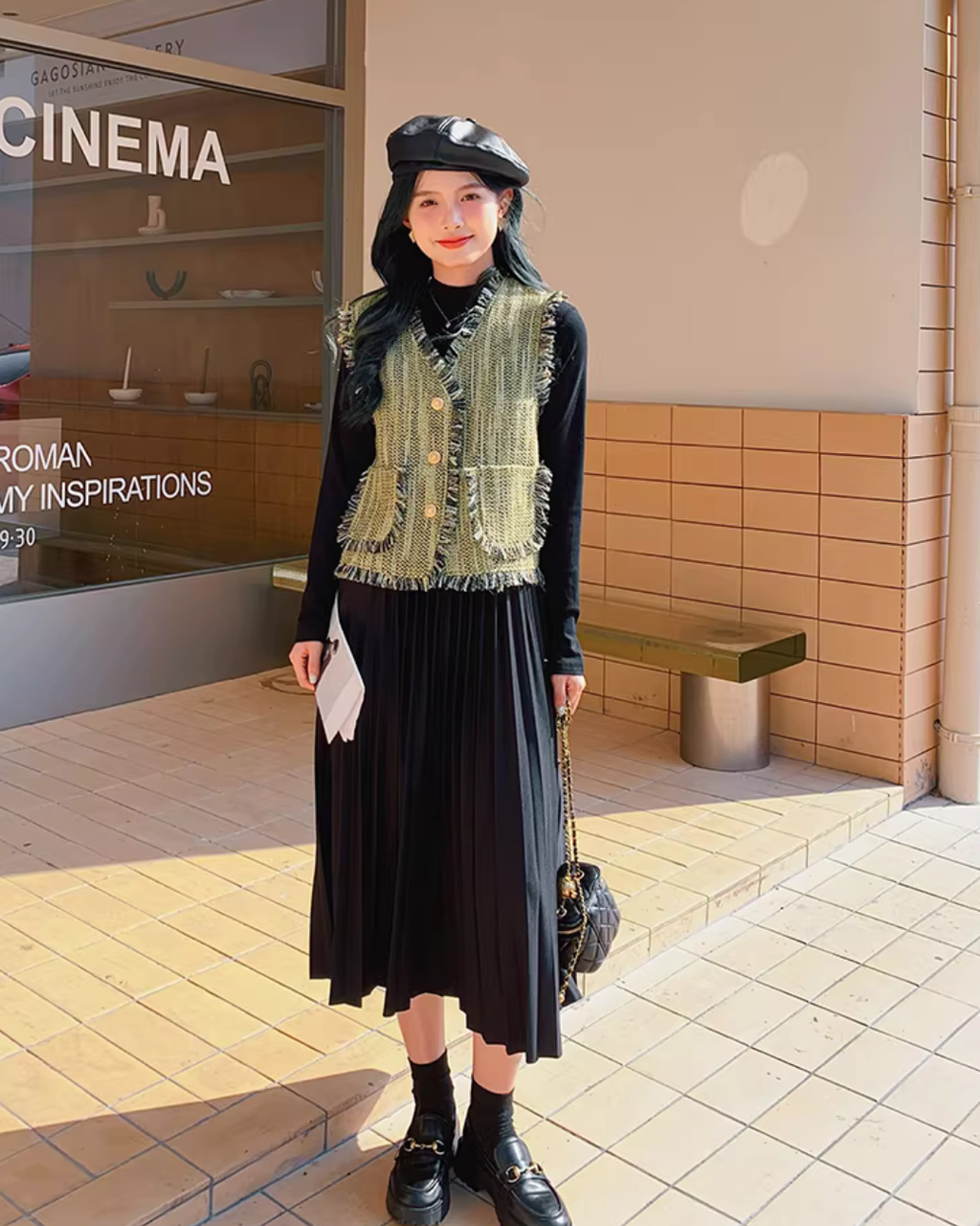 Mock Neck Dress / Tweed Gilet Tweed Vest QAZ0007