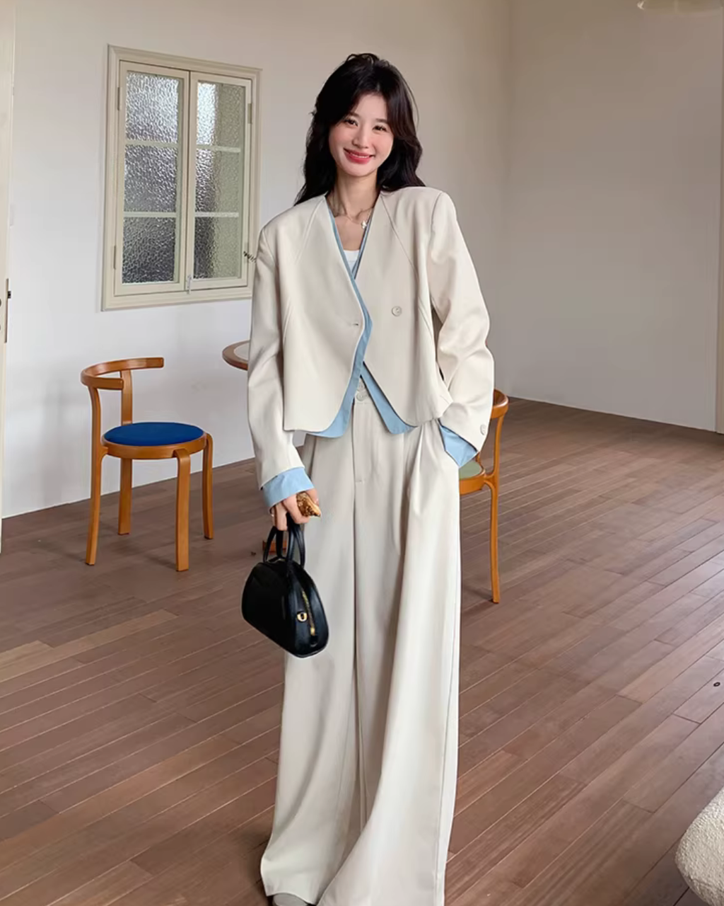 Beige Layered-Style Jacket / Wide-Leg Pants QAZ0010