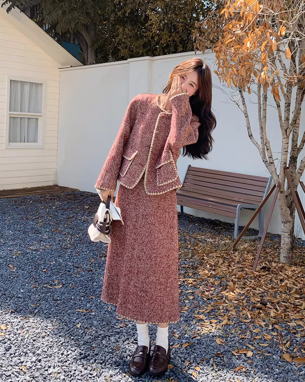 Red Wool Tweed Jacket / Long Skirt QAZ0046