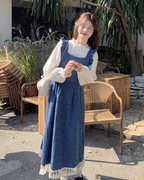 Vintage Denim Suspender Dress / Frilled Blouse QAZ0041