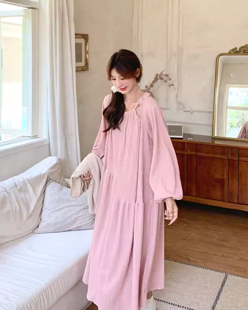 Puff Sleeve Long Dress / Beige Vest QAZ0025