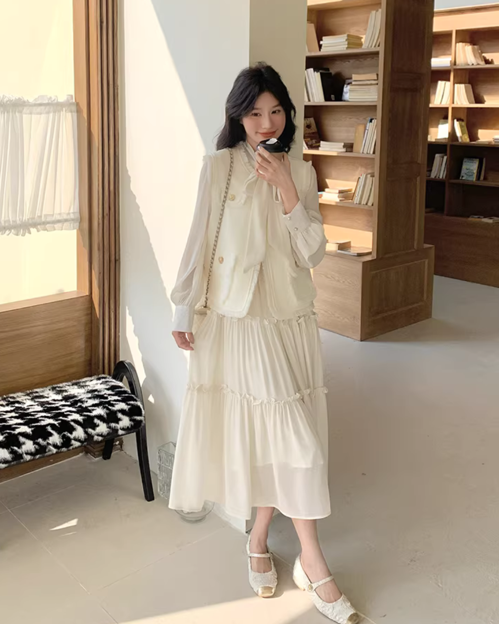 Tweed Vest / Tiered Long Dress QAZ0082