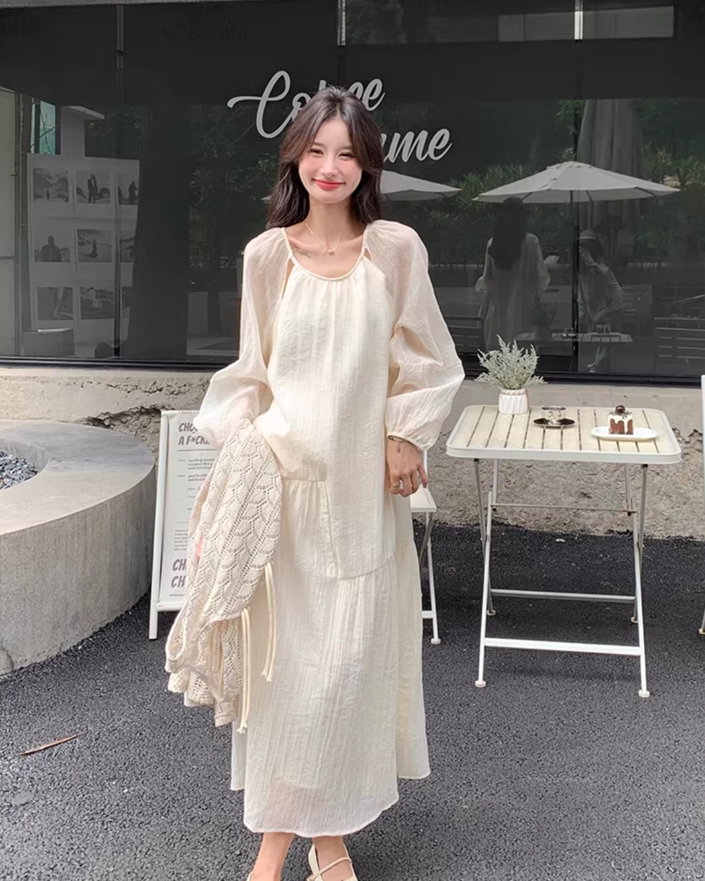 Crochet-style Long Dress / Puff Sleeve Long Dress QAZ0072