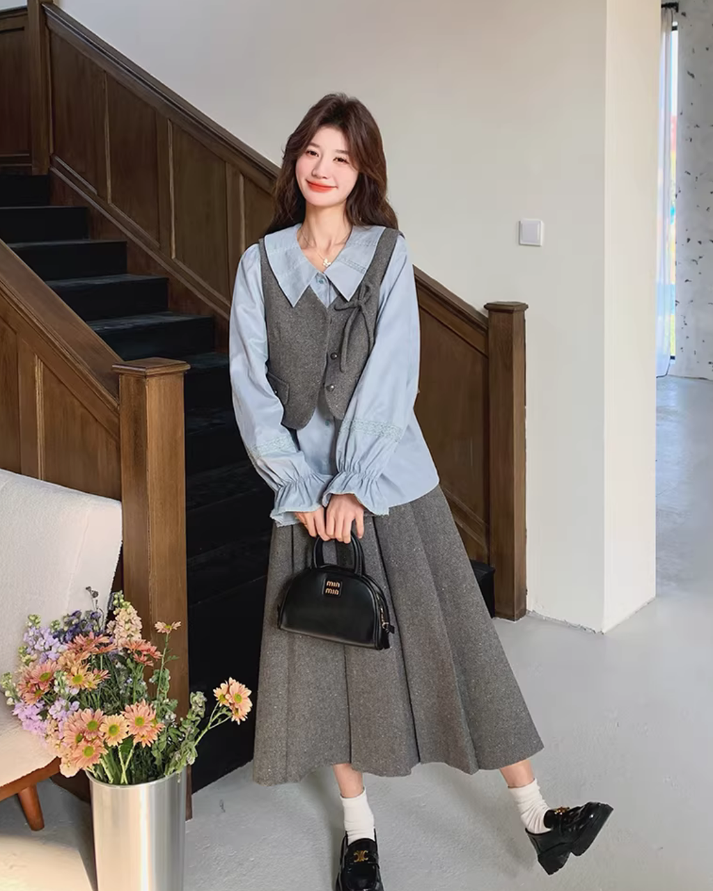 Classic Ribbon Vest / Pleated Skirt / Puff Sleeve Blouse QAZ0051