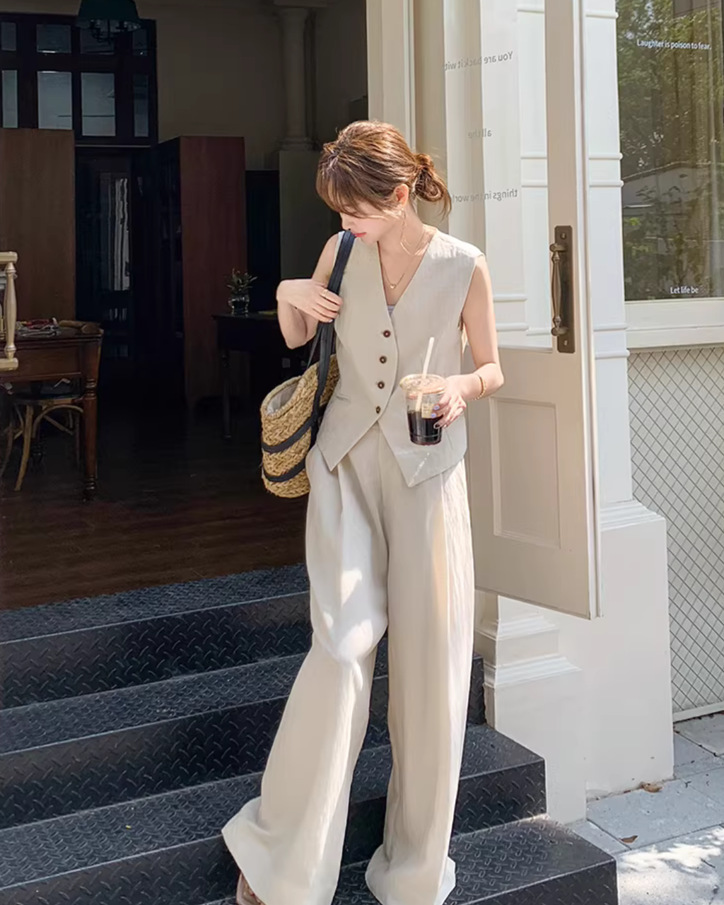 V-Neck Linen Vest / Wide Pants QAZ0091