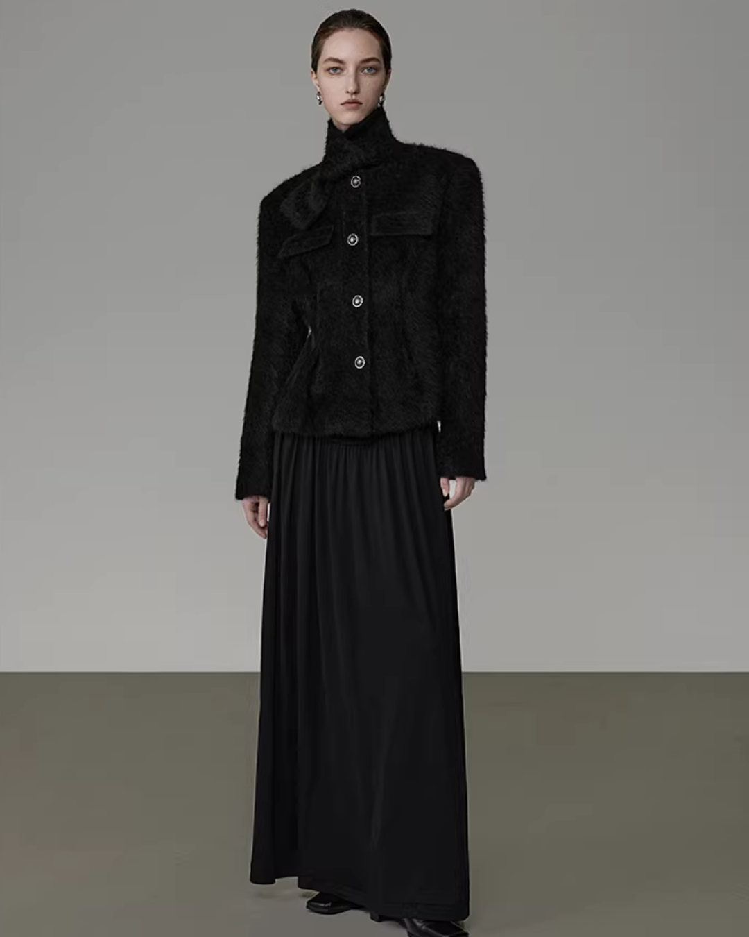 Stand Collar Black Coat UNS0024