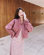 Short-Length Denim Jacket / Striped Camisole Dress QAZ0069
