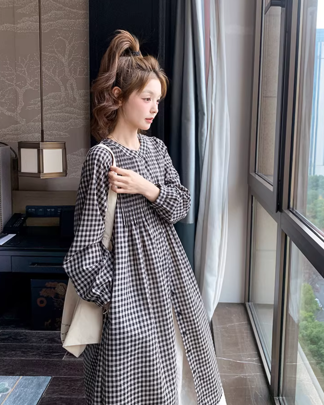 Gingham Check Shirt Dress / White Long Skirt QAZ0024