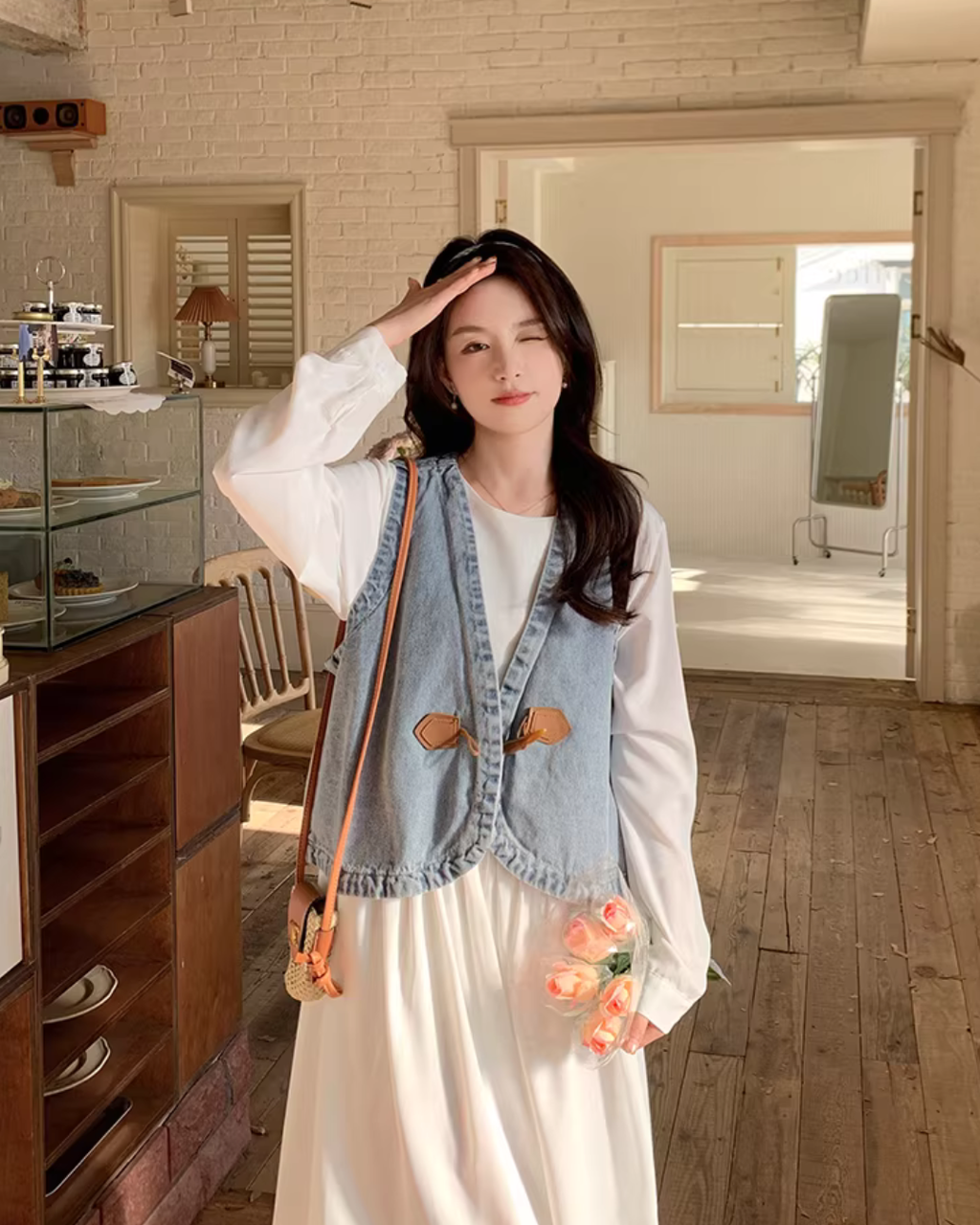 Long-Sleeve Dress / Toggle Button Denim Vest QAZ0049
