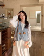 Long-Sleeve Dress / Toggle Button Denim Vest QAZ0049