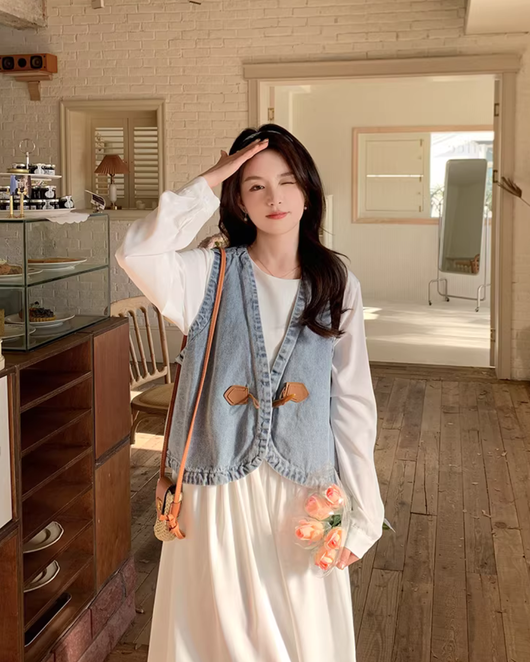Long-Sleeve Dress / Toggle Button Denim Vest QAZ0049