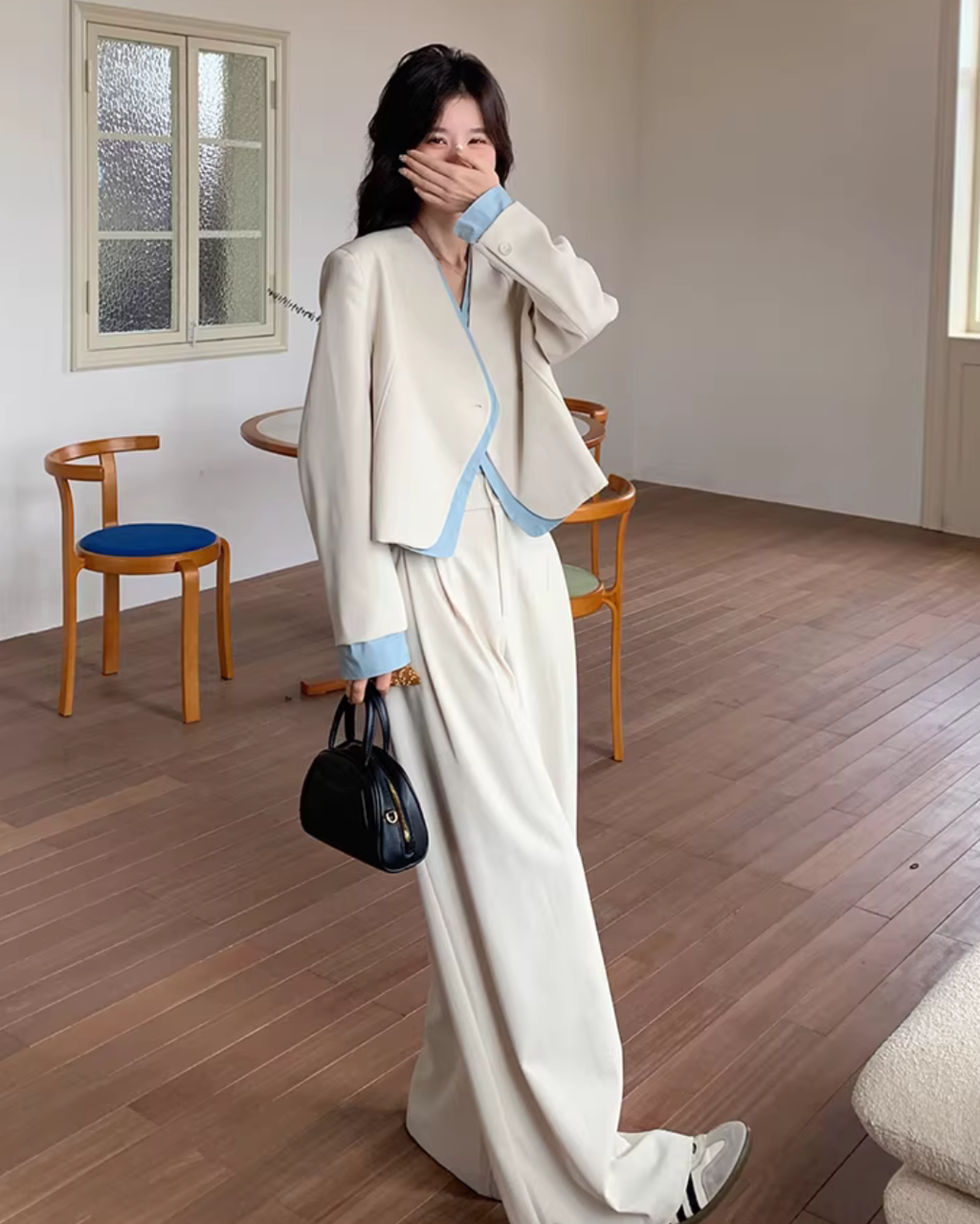 Beige Layered-Style Jacket / Wide-Leg Pants QAZ0010