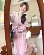 Puff Sleeve Long Dress / Beige Vest QAZ0025