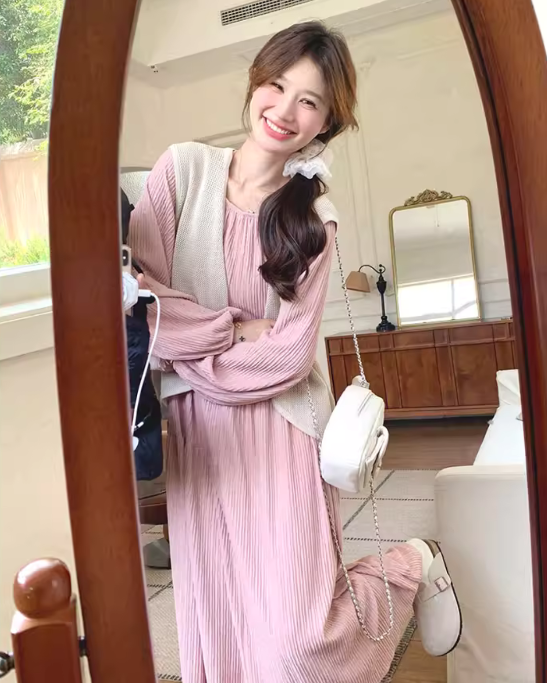 Puff Sleeve Long Dress / Beige Vest QAZ0025