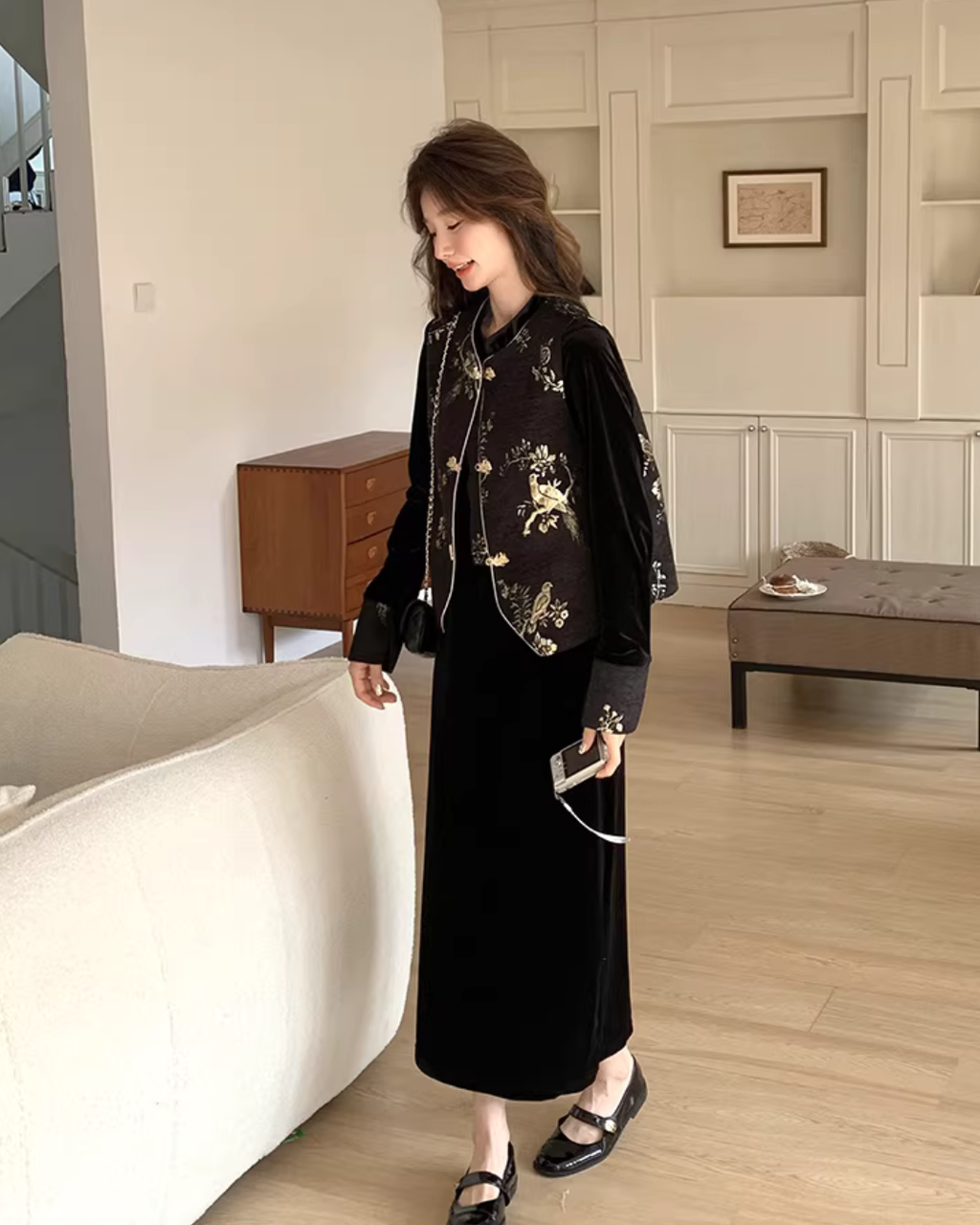 Velvet Long Dress / Oriental Embroidered Vest QAZ0064