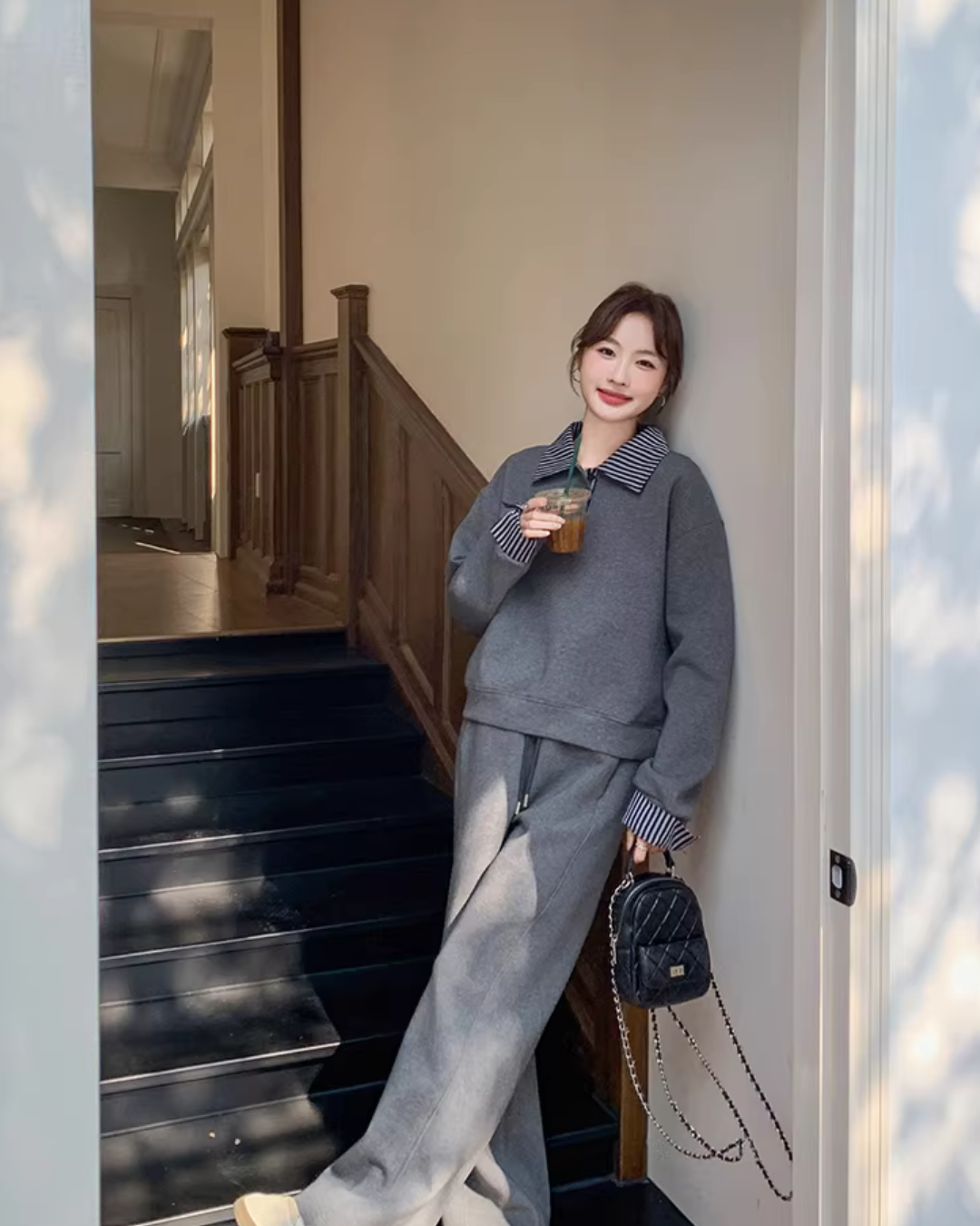 Stripe Switching Sweatshirt / Wide Pants QAZ0085