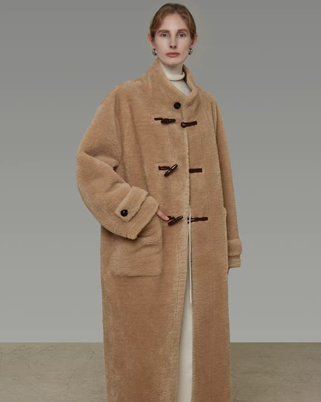 Stand Collar Toggle Fur Coat UNS0002