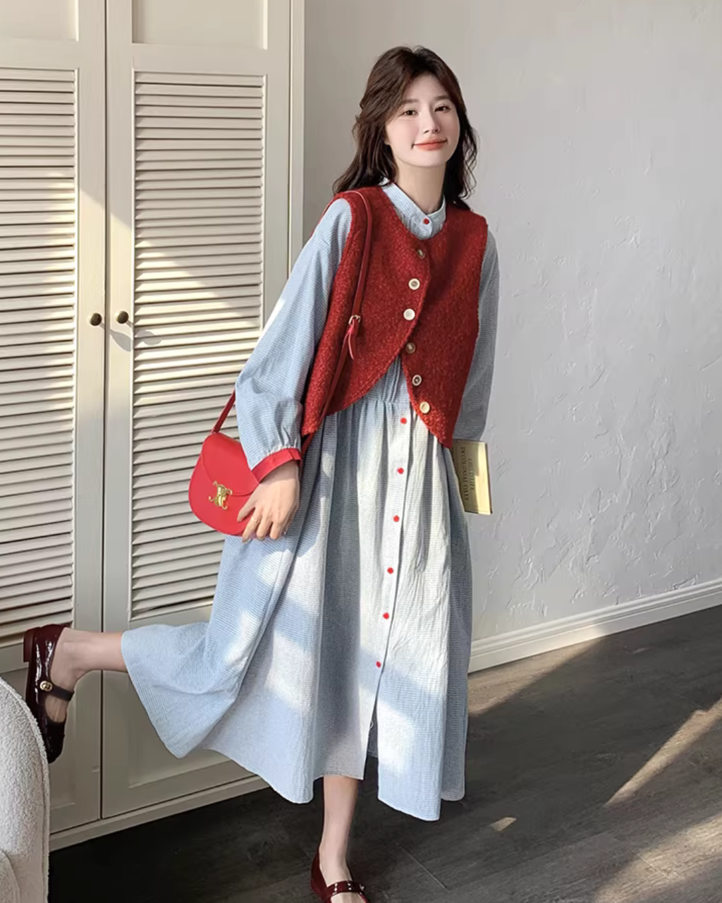 Red Vest / Layered Over Plaid Shirt Dress QAZ0005