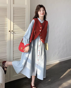Red Vest / Layered Over Plaid Shirt Dress QAZ0005