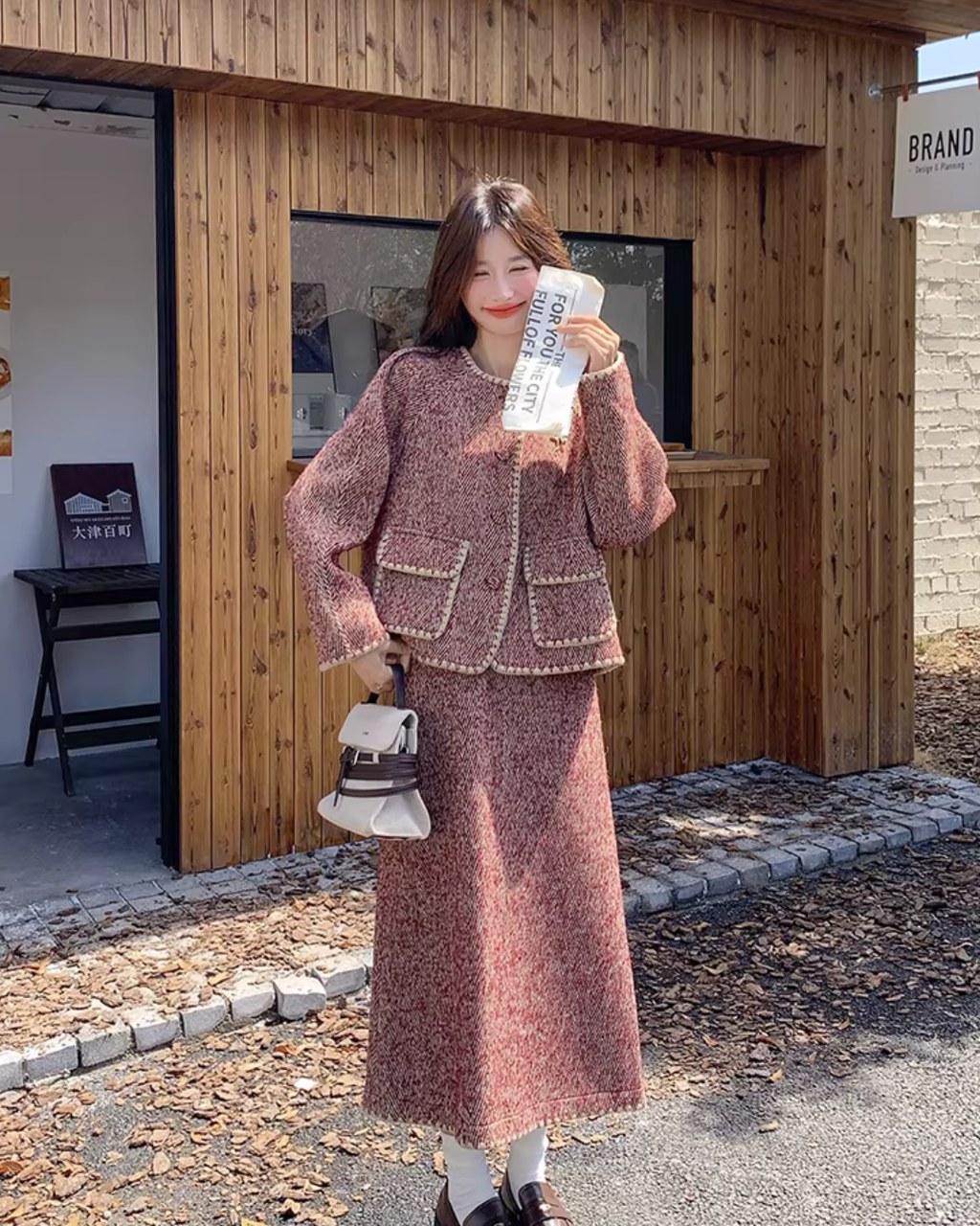 Red Wool Tweed Jacket / Long Skirt QAZ0046