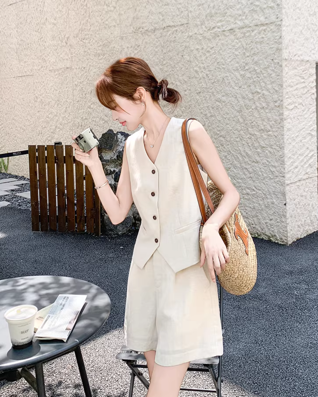 Linen V-neck Vest / Shorts QAZ0090