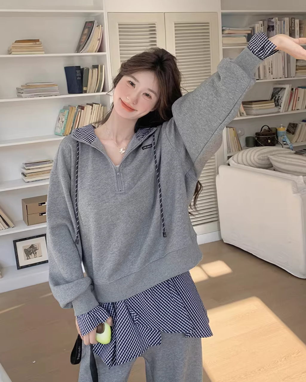 Gingham Check Half-Zip Hoodie / Wide Pants QAZ0065