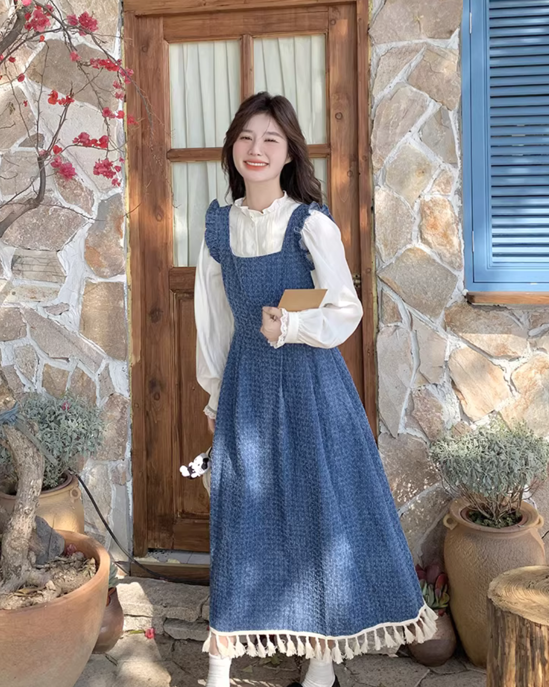 Vintage Denim Suspender Dress / Frilled Blouse QAZ0041