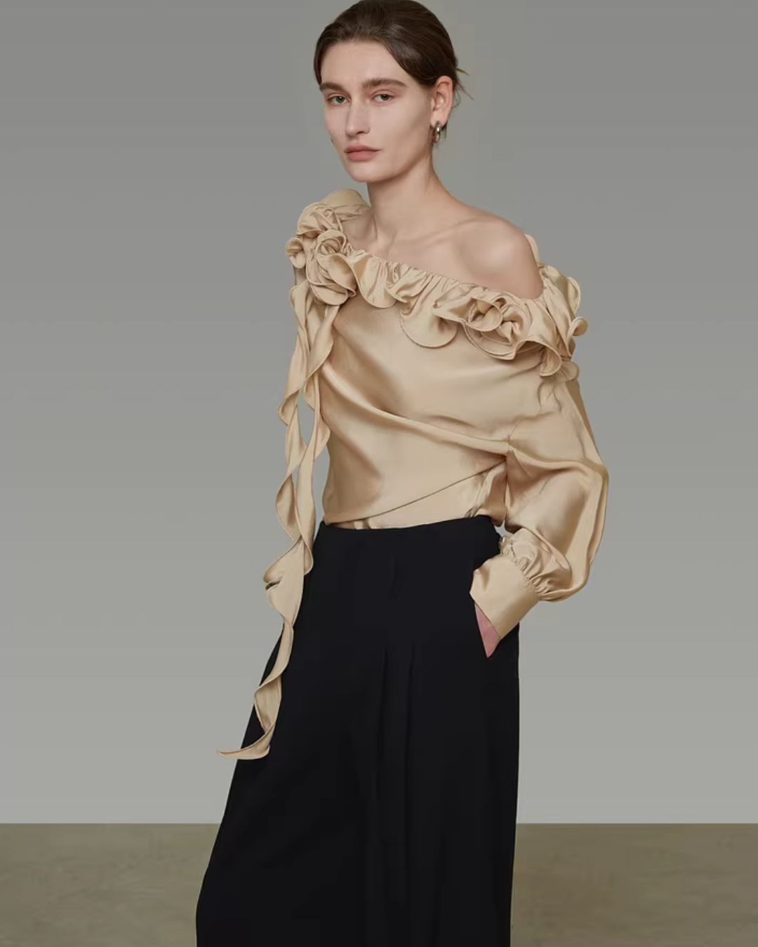 Lace Asymmetrical Satin Shirt UNS0048