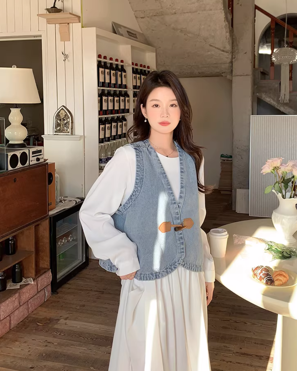 Long-Sleeve Dress / Toggle Button Denim Vest QAZ0049