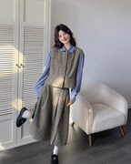 Tweed Vest / Tweed Long Skirt / Striped Shirt QAZ0080