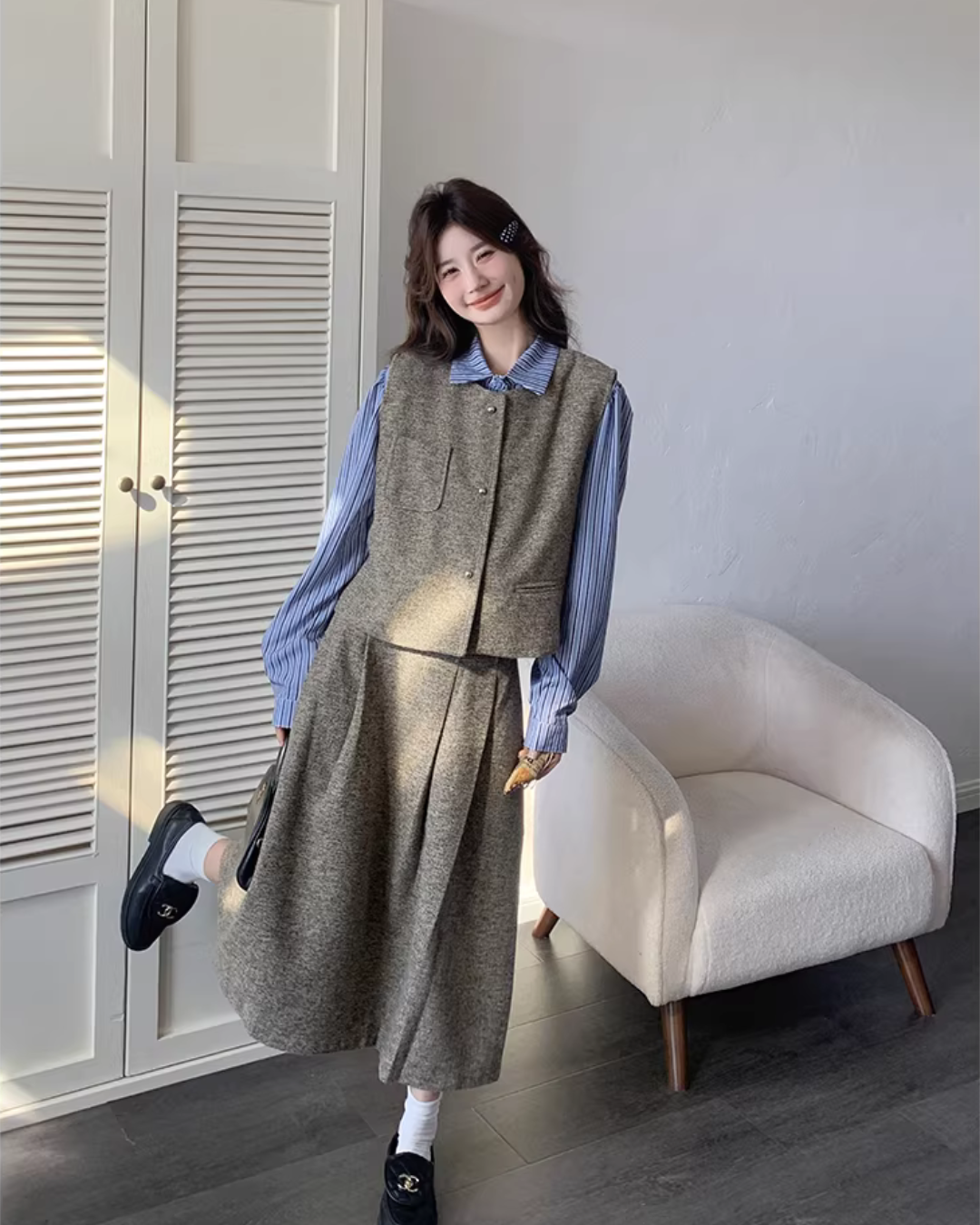 Tweed Vest / Tweed Long Skirt / Striped Shirt QAZ0080