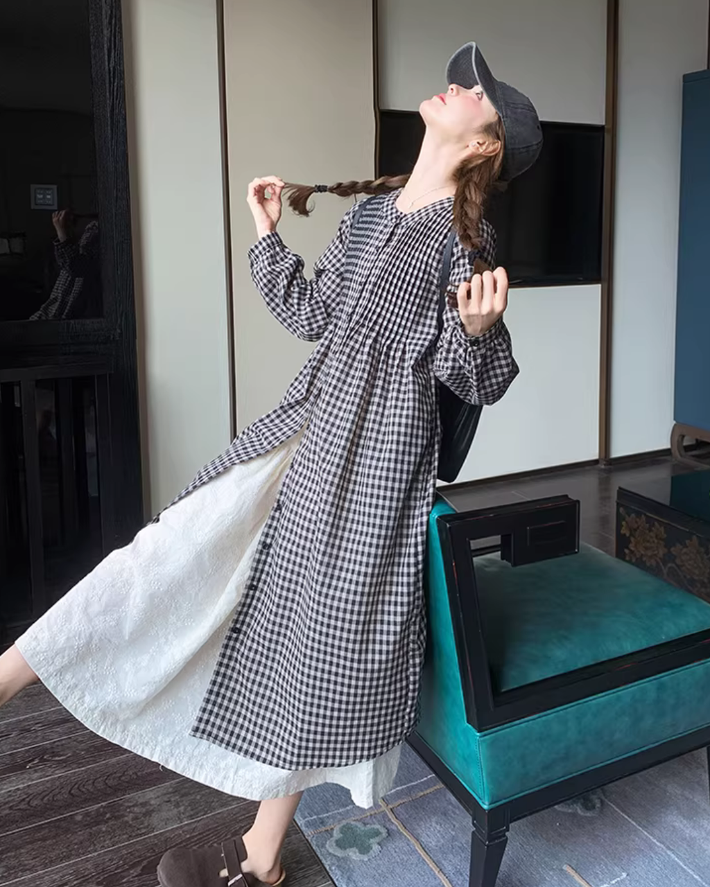 Gingham Check Shirt Dress / White Long Skirt QAZ0024