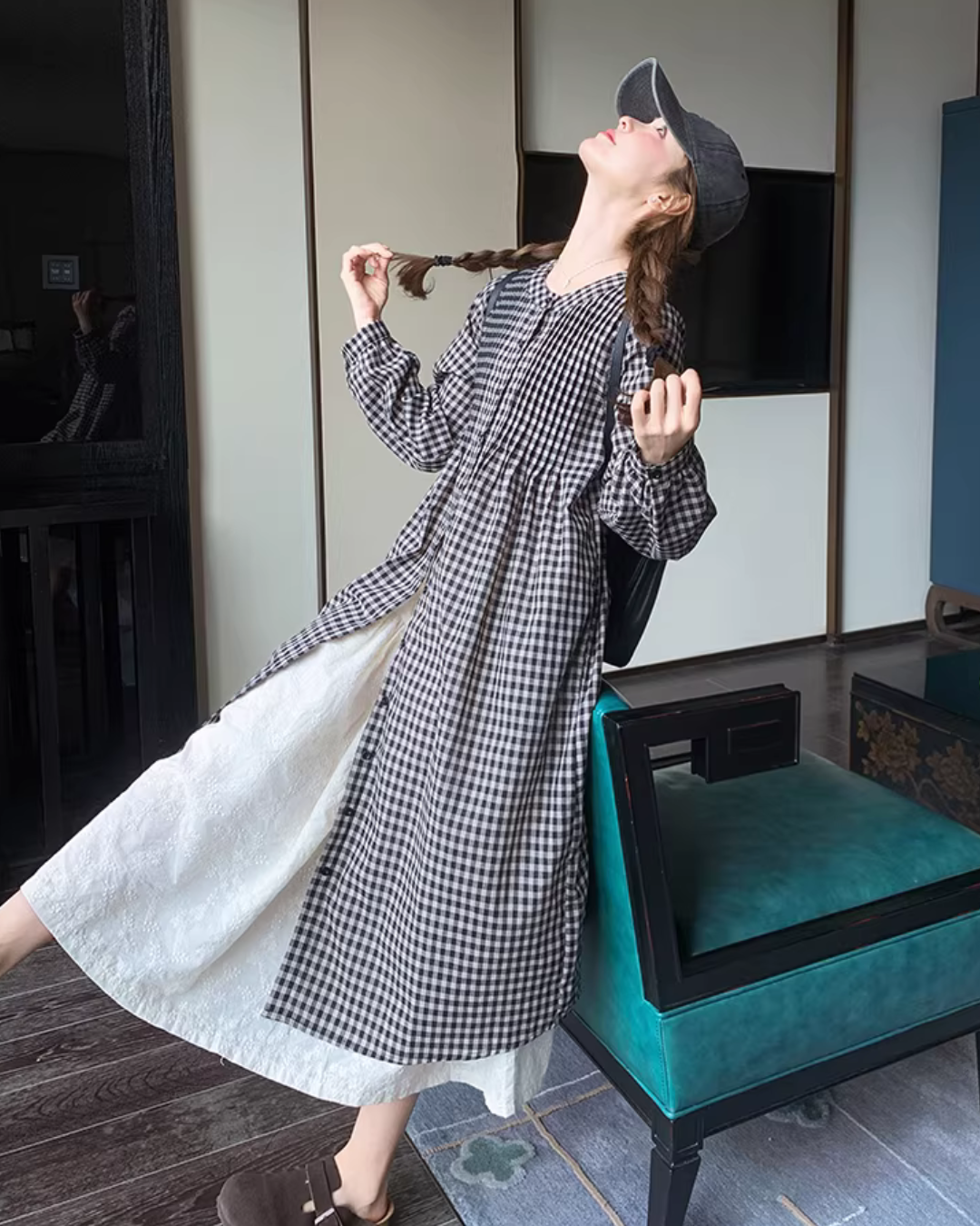 Gingham Check Shirt Dress / White Long Skirt QAZ0024