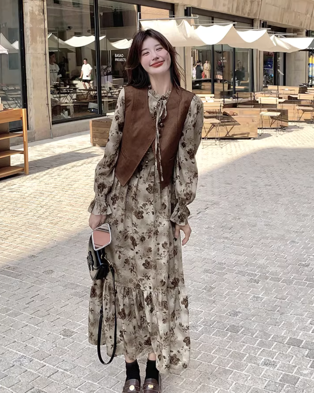 Retro Floral Long Dress / Suede Style Vest QAZ0053