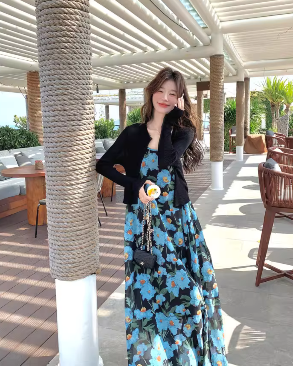 Blue Floral Print Dress / Lightweight Cardigan QAZ0087