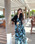 Blue Floral Print Dress / Lightweight Cardigan QAZ0087