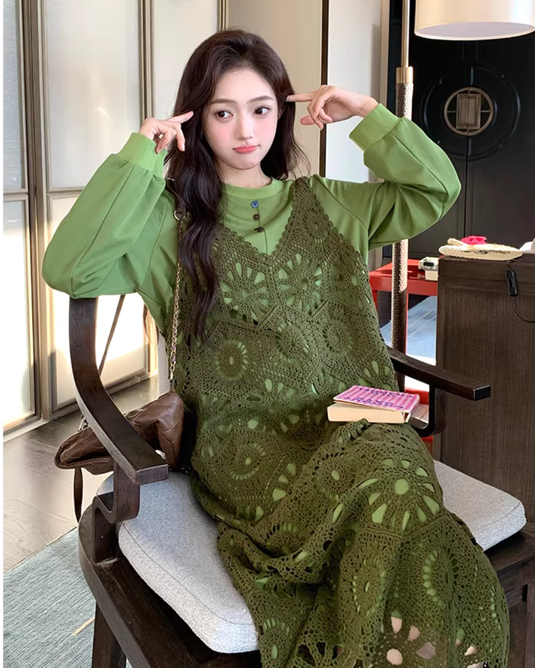 Hollow-Out Camisole Dress / Long Sleeve T-Shirt Dress QAZ0043